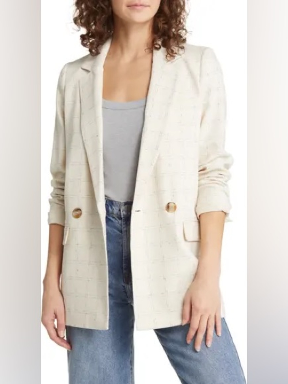 Madewell double breasted plaid cream blazer
